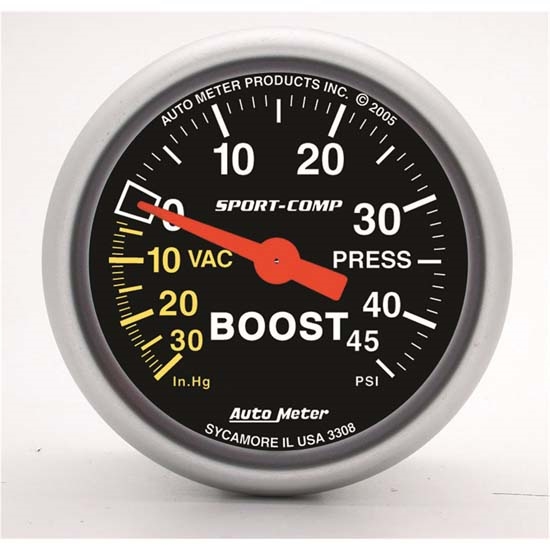 Auto Meter 3308 Sport-Comp Mechanical Boost/Vacuum Gauge, 2-1/16 Inch