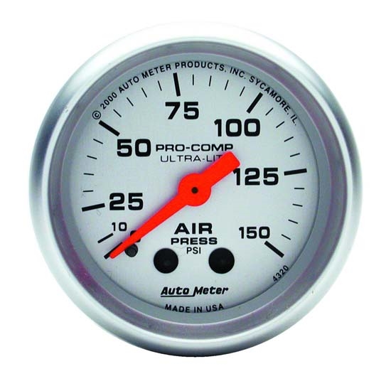 Auto Meter 4320 Ultra-Lite Mech Air Pressure Gauge, 150 PSI, 2-1/16