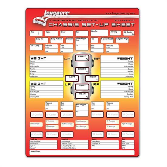 Longacre 52-22528 Chassis Set-Up/Tire Chart, 1 Pad/50 Sheets