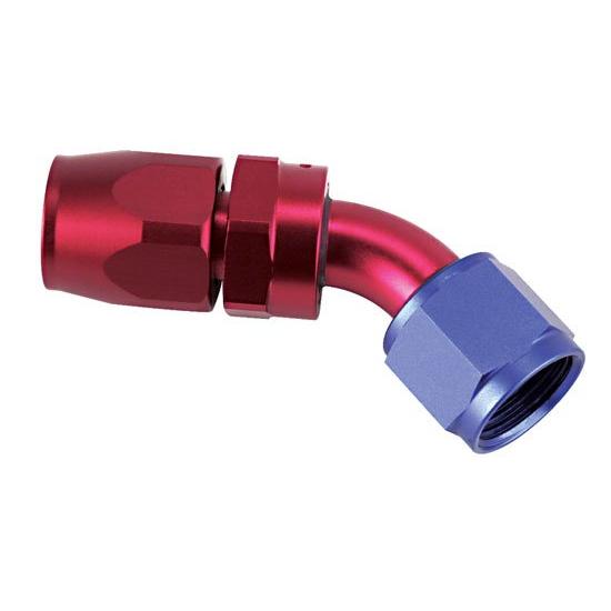 Speedway Full Flow Swivel Hose End Fitting, 45 Degree, Red/Blue, -6 AN