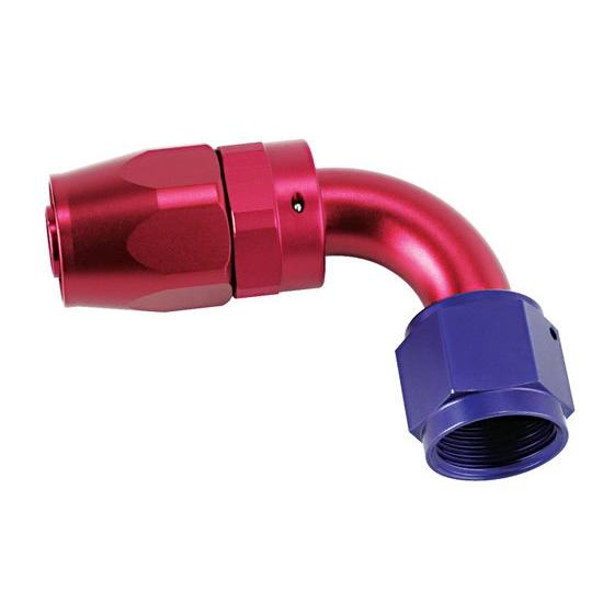 Speedway Full Flow Swivel Hose End Fitting, 90 Degree, Red/Blue, -6 AN