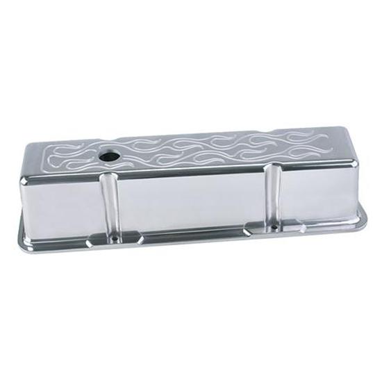 1960-86 SB Chevy Tall Valve Covers, Flame Milled, Polished Alum.