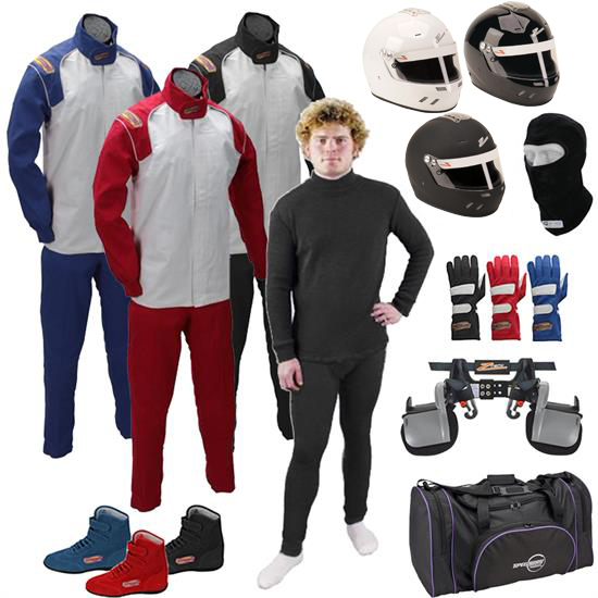 Mega Racer Safety Kit, Zamp Helmet/Restraint,1-Layer 2-Piece Suit