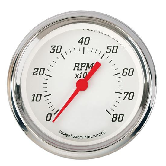 Omega Kustom 8000 RPM Tachometer Gauge, 3-3/8, Kool White