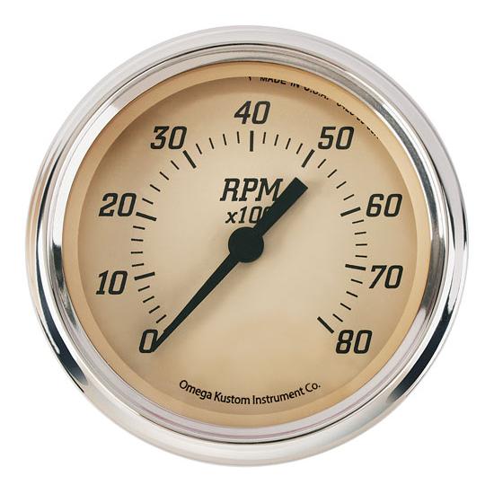 Omega Kustom 8000 RPM Tachometer Gauge, 3-3/8, Timeless Tan