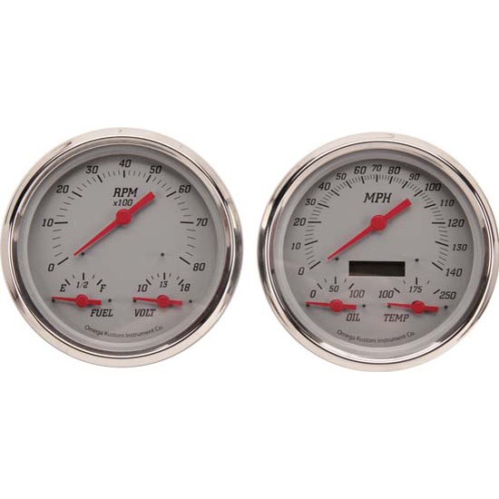 Omega Kustom 3-N-1 Gauge Set, Billet Silver, 4-3/8, Electric
