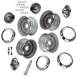 GM Style Rally Wheels, Beauty Rings, Derby Caps, 5 on 4.75, Silv.