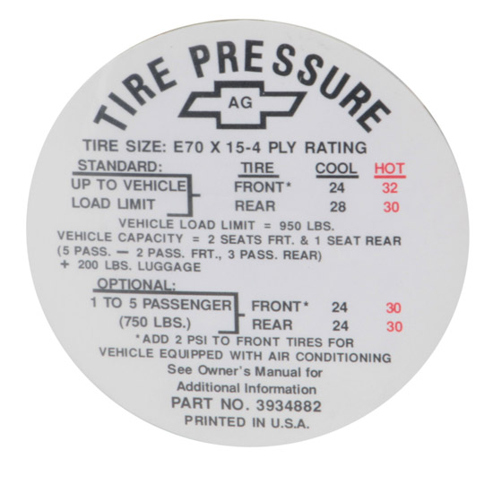 Jim Osborn DC0241 1968 Camaro Z28 Tire Pressure Decal