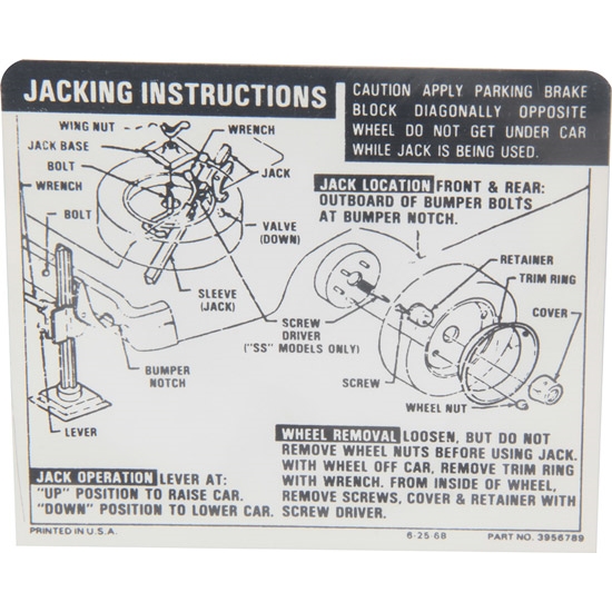 Jim Osborn DC0413 Jacking Instructions Decal for 1969-71 Nova SS