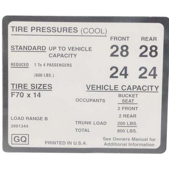 Jim Osborn DC0796 Tire Pressure Decal for 1970 Camaro, F60X14