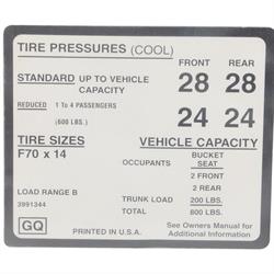 Jim Osborn DC0796 Tire Pressure Decal for 1970 Camaro, F60X14