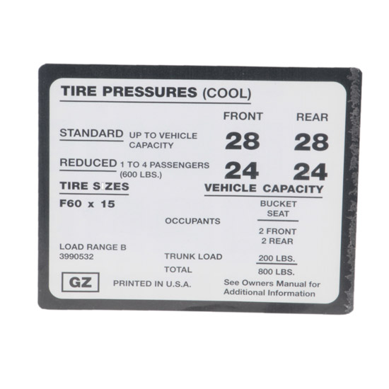 Jim Osborn DC0317 1971-73 Camaro Z28 Tire Pressure Decal