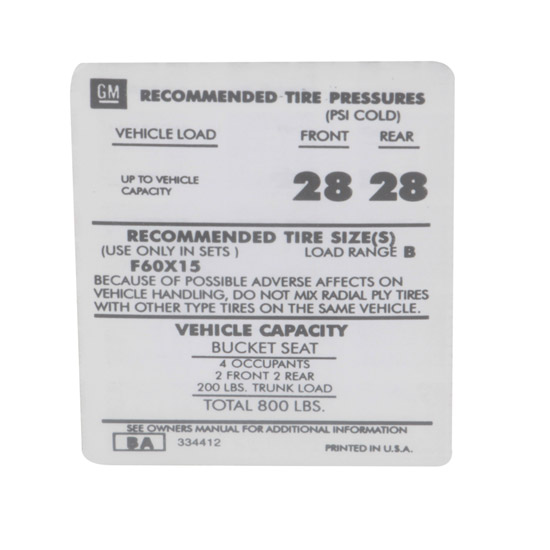 Jim Osborn DC0643 1974 Camaro Z28 Tire Pressure Decal