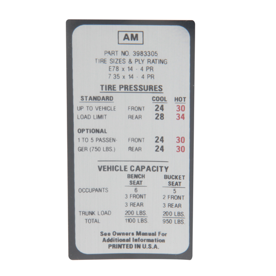 Jim Osborn DC1137 1970 Camaro E78X14 Tire Pressure Decal