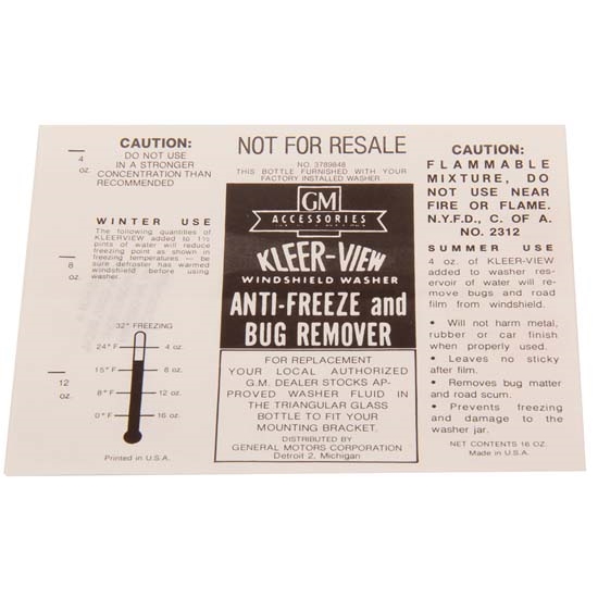 Jim Osborn DC0647 Kleerview Washer Bottle Paper Decal, 1962-66 Nova