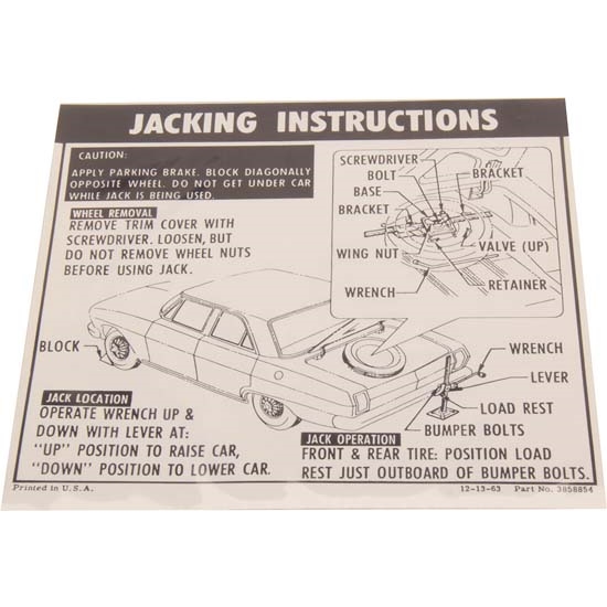 Jim Osborn DC0350 Jacking Instructions Decal, 1964-65 Chevy II