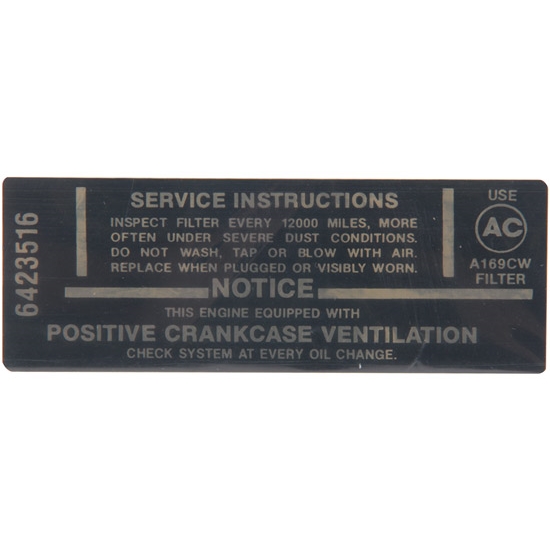 Jim Osborn DC1069 Air Cleaner Service Instructions Decal, 1967 Camaro