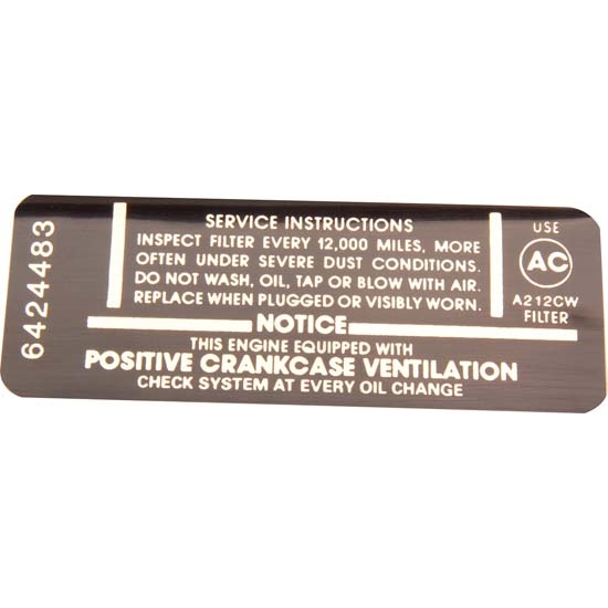 Jim Osborn DC0710 Air Cleaner Service Instructions Decal, 1967 Camaro