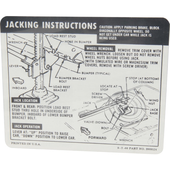 Jim Osborn DC0715 Jacking Instructions Decal for 1967 Camaro Coupe
