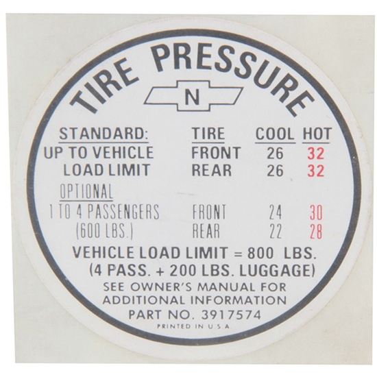 Jim Osborn DC1132 Tire Pressure Decal AFT 11-16-66, 1967 Camaro SS 350