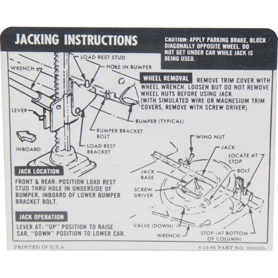 Jim Osborn DC0117 Jacking Instructions Decal, 67-68 Camaro Convertible