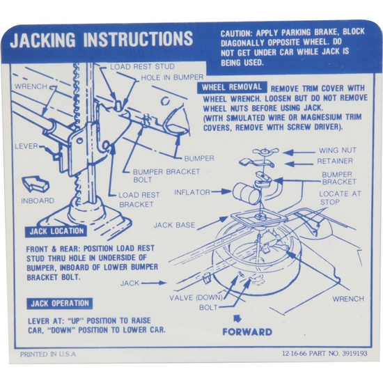 Jim Osborn DC0794 Jacking Instructions Decal, 67-68 Camaro Convertible
