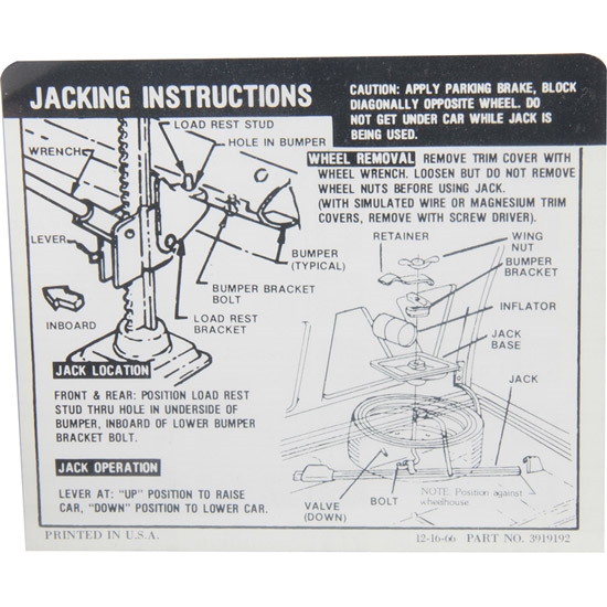 Jim Osborn DC0975 Jacking Instructions Decal, 1967-68 Camaro Coupe