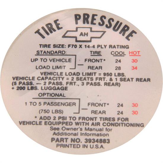 Jim Osborn DC0621 Tire Pressure Decal for 1968 Camaro SS