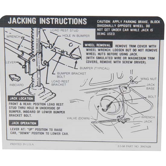 Jim Osborn DC0792 Jacking Instruction Decal for 1968 SS Camaro Coupe