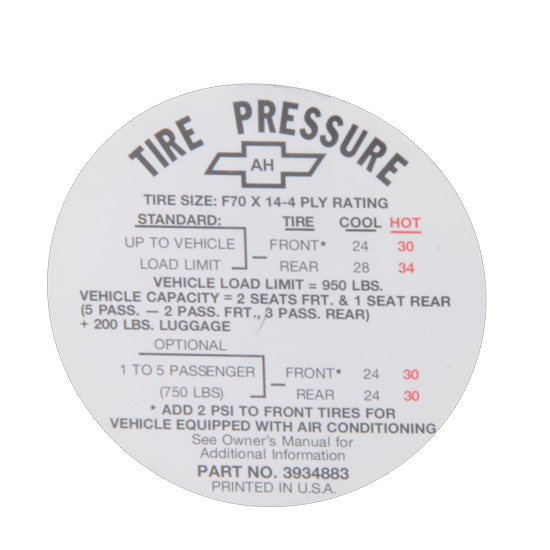 Jim Osborn DC0621 1968 SS Tire Pressure Decal