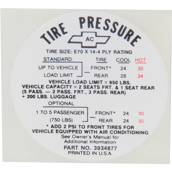 Jim Osborn DC0966 Tire Pressure Decal, 1968 Camaro/Chevelle/Chevy II