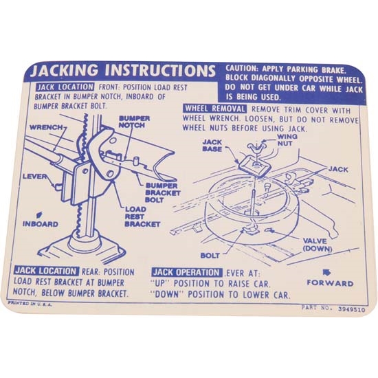 Jim Osborn DC0538 Jacking Instructions Decal, 1969 Camaro Convertible