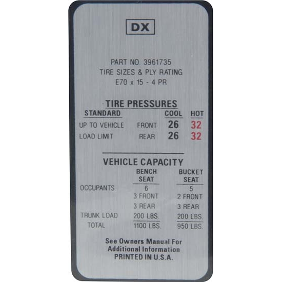 Jim Osborn DC0412 Tire Pressure Decal for 1969-70 Camaro Z/28