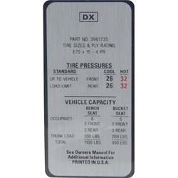 Jim Osborn DC0412 Tire Pressure Decal for 1969-70 Camaro Z/28