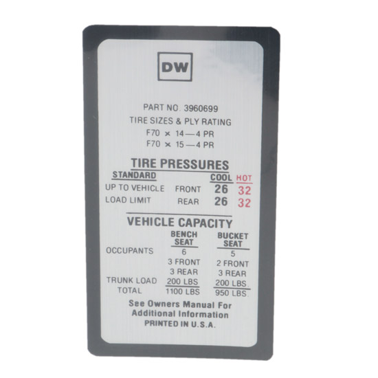 Jim Osborn DC0410 1969-70 Nova SS Tire Pressure Decal