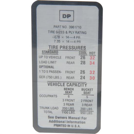 Jim Osborn DC0411 Tire Pressure Decal for 1969-70 Camaro/Nova/Chevelle