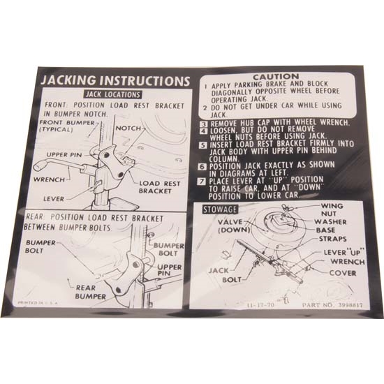 Jim Osborn DC0502 Jacking Instructions Decal for 1971-72 Camaro
