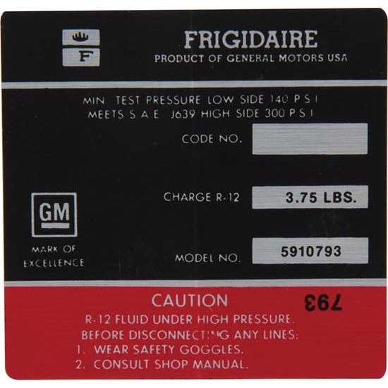 Jim Osborn DC0609 AC Compressor Frigidaire Red Label Decal, 72 Camaro