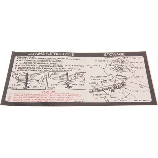 Jim Osborn DC0497 Jacking Instructions w/Spacer Saver Decal, 73 Camaro