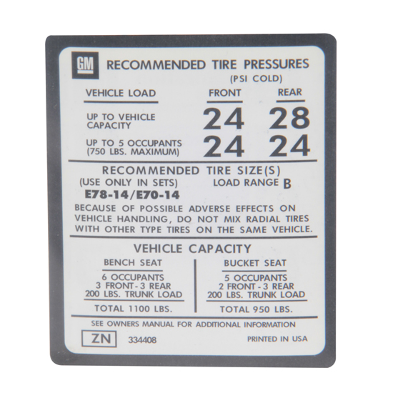Jim Osborn DC0533 1973-74 Nova Tire Pressure Decal