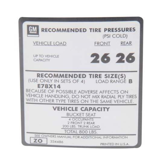 Jim Osborn DC1159 1973-74 Camaro F70X14 Tire Pressure Decal