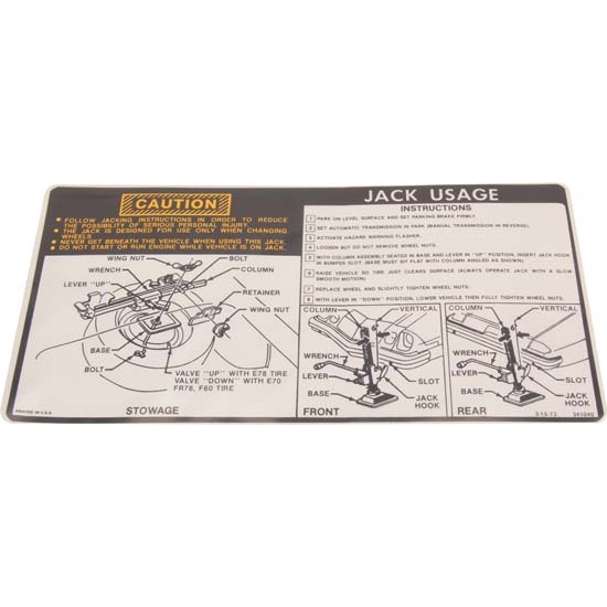 Jim Osborn DC0329 Jacking Instructions Decal for 1974-75 Camaro
