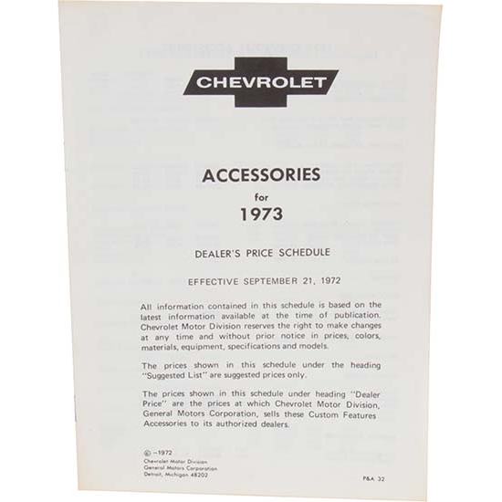 Dave Graham 73-AL Chevy Nova Accessory Price List