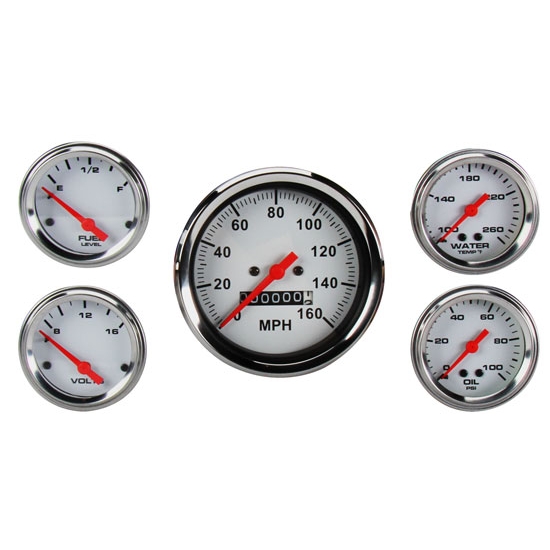Speedway 5-Gauge Set, White Face, 3-3/8, Mechanical