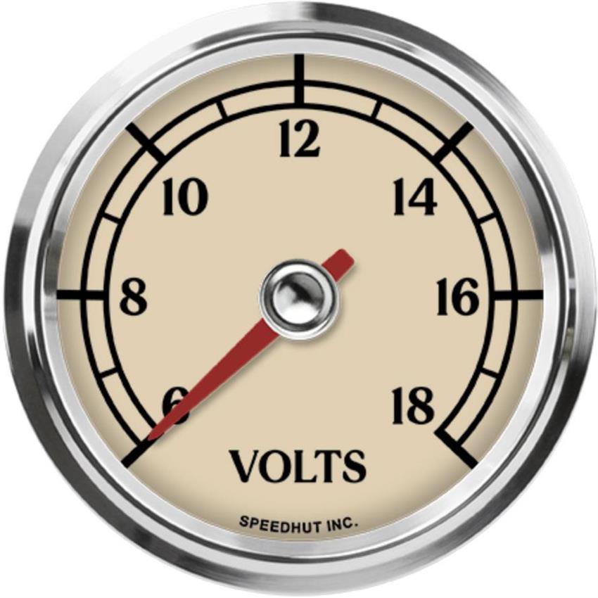 Speedhut L25-V1-ATQ 2-5/8" Voltmeter, 6-18V w/Warning, Antique