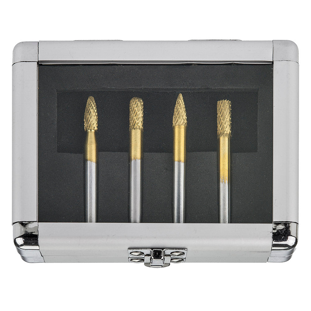 HMT GoldMax TCT Burr 4 Pc Set 6mm, Flame, Cylinder, Ball Nose, Tree