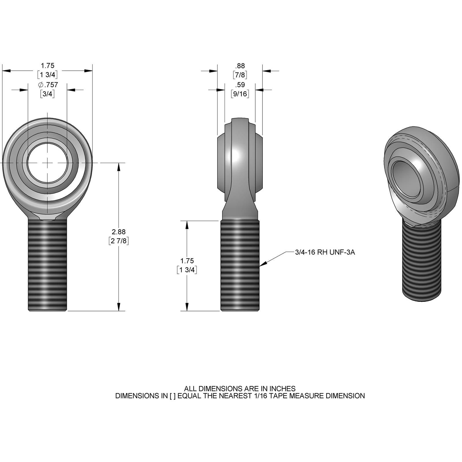 Steel Heim Joint Rod Ends for Steering Shaft, 3/416 RH Male .757 Hole