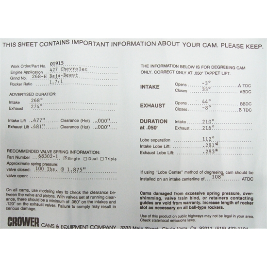 Garage Sale Crower Baja Beast Big Block Chevy Hydrualic Cam