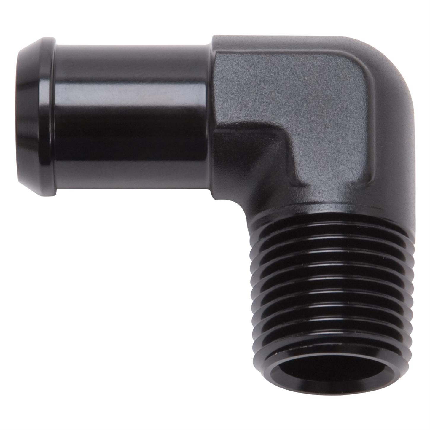 Edelbrock 8180 Pipe to Hose Barb Fitting, 90 Deg, 1/2 in. NPT