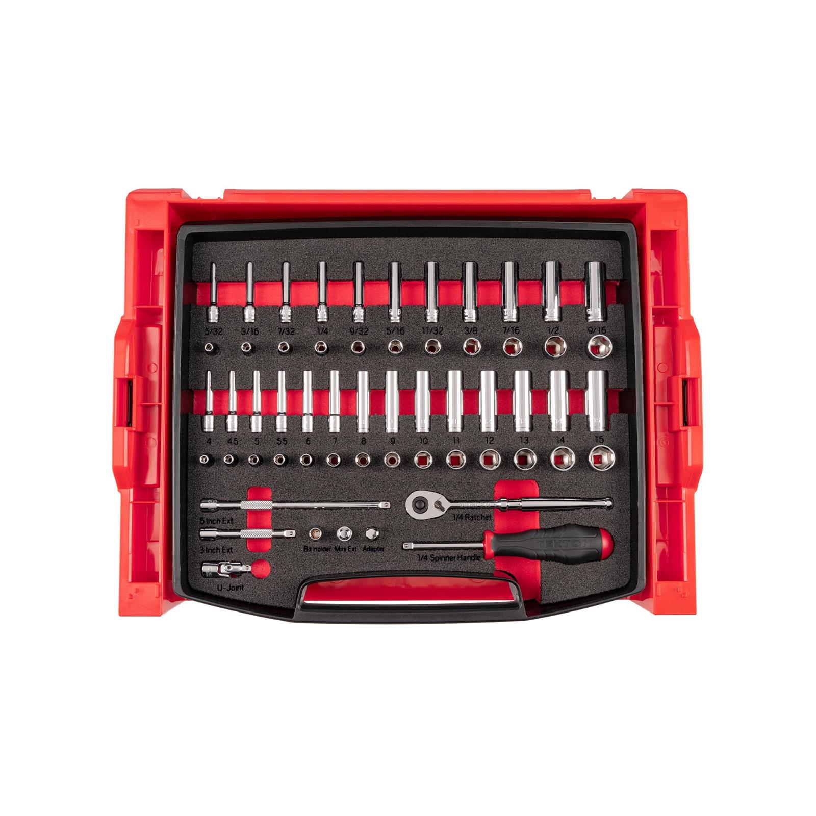 Tekton OLB94303 1/4in Socket/Ratchet Set and Rack, 58-Piece